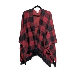Mossimo Supply Red/Black Buffalo Plaid Poncho Cardigan Open Cape Fringe S/M